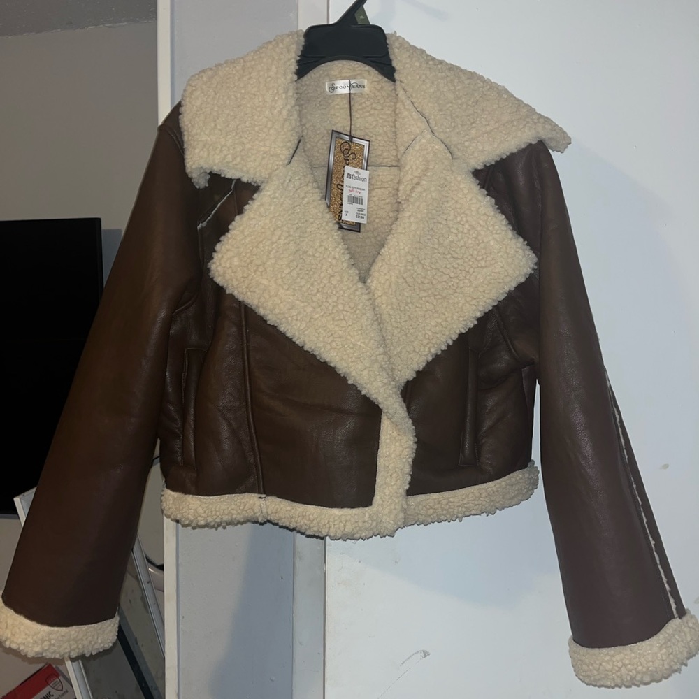BRAND NEW Brown Faux Leather Shearling Lined Jacket
